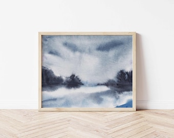 Winter Watercolor Landscape Wall Art Snowy Forest Blue Grey Watercolor Print Modern Minimalist Printable Poster Abstract Indigo Hand drawn
