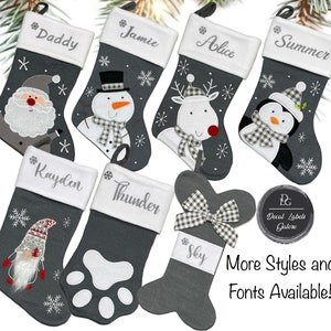 Personalised Christmas Stocking in Grey with Santa, Reindeer, Snowman, Penguin, Gonk and Pet Stockings