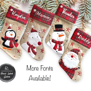 Personalised Red Tartan Hessian Christmas Stocking with Santa, Reindeer, Snowman or Penguin, Family Christmas Stockings