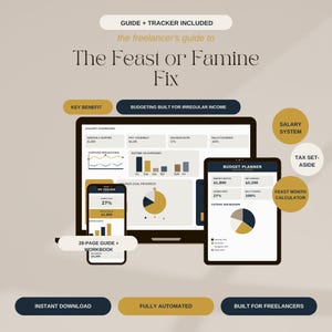 May include: A digital budgeting tool titled The Feast or Famine Fix, featuring a laptop, tablet, and smartphone displaying dashboards with charts, graphs, and financial data. Includes a 28-page guide and workbook for tracking irregular income.