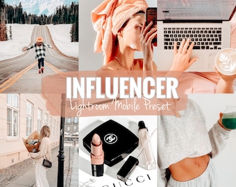 May include: A collage of lifestyle images with a bright, warm aesthetic. The images include a person on a road, a person with a towel on their head, a laptop, makeup products, and a person holding a drink. Text overlay: "INFLUENCER Lightroom Mobile Preset."