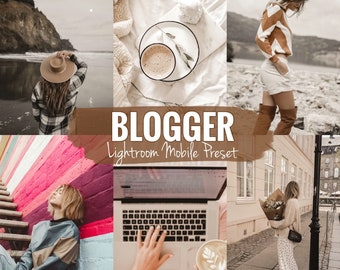 May include: A collage of lifestyle images in sepia tones. The images include a person on a beach, a coffee cup, a person wearing a sweater, a person using a laptop, and a person holding flowers. The text "BLOGGER Lightroom Mobile Preset" is displayed.