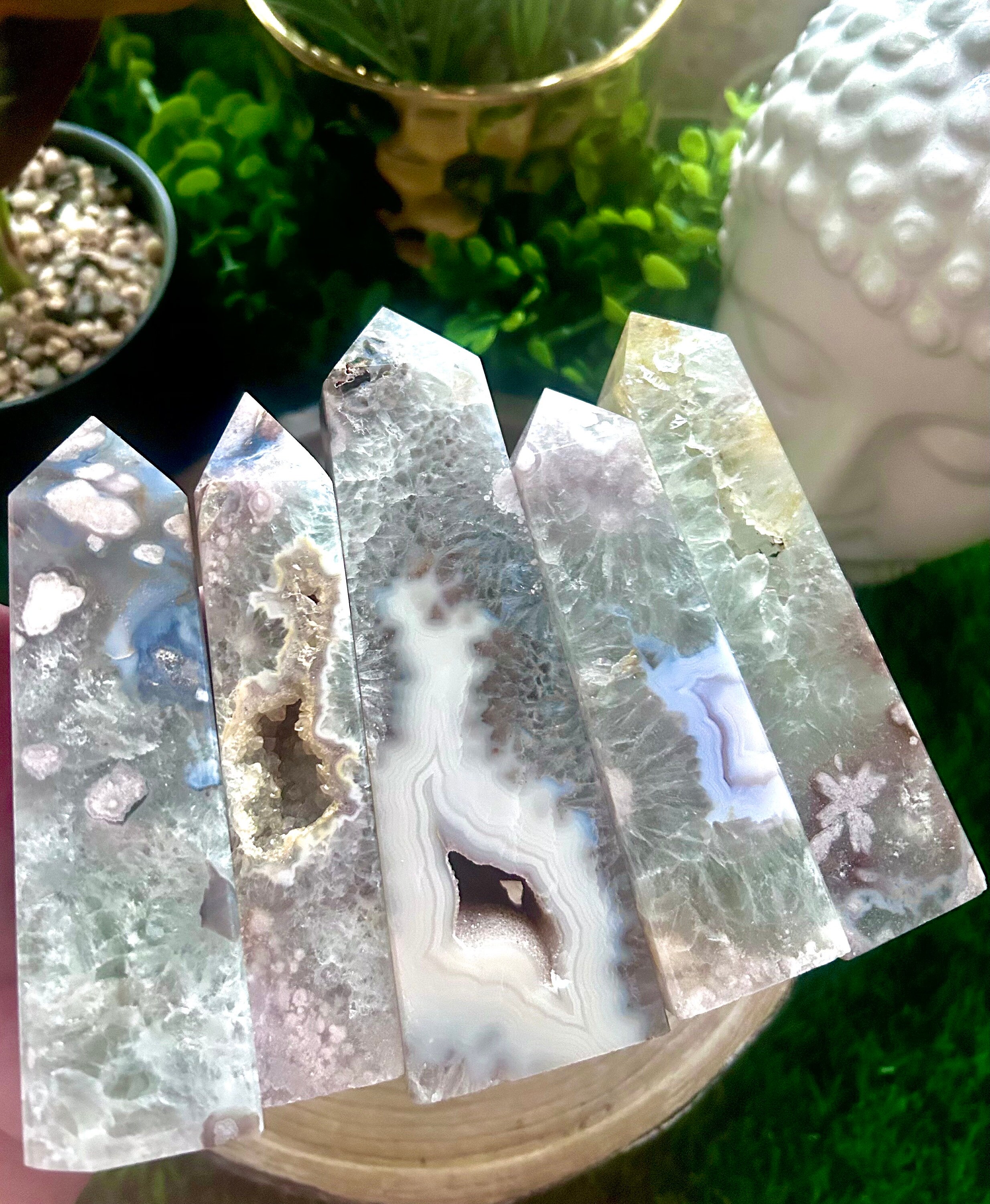 Green flower agate タワーセット A GREEN FLOWER AGATE TOWER - Blue Teal Sakura Mineral Chakra