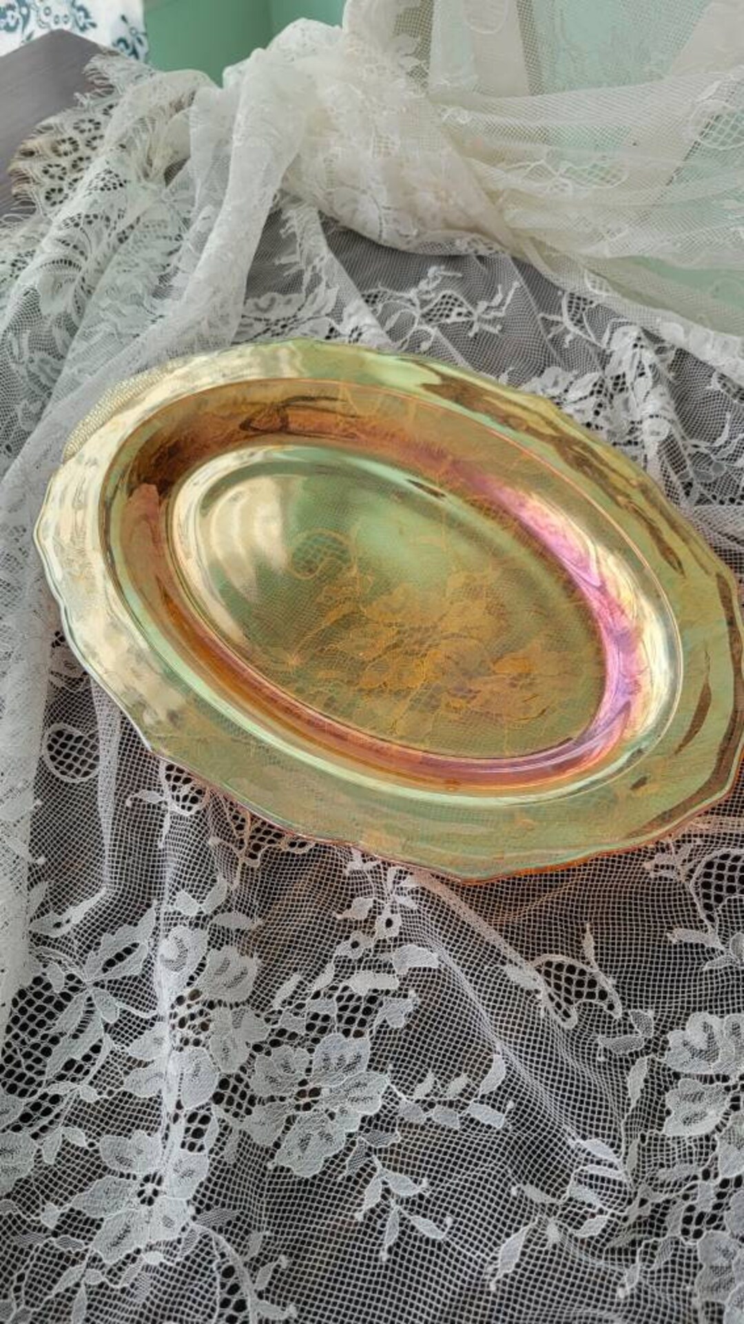 Vintage Carnival Glass Serving Platter, Vintage Federal Glass normandie