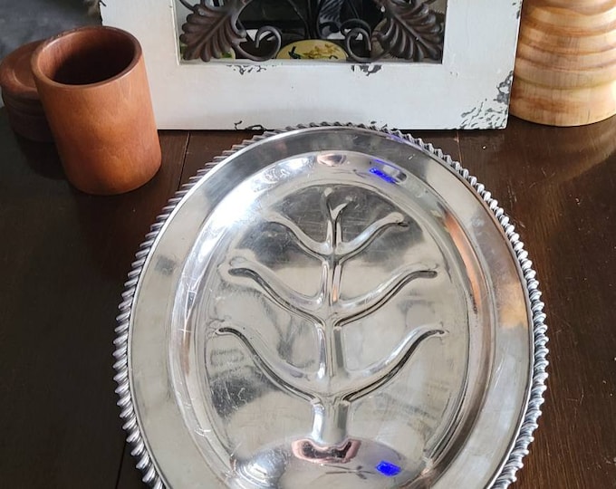 Silverplate Platter, Crescent Silverplate Quadruple Plate Meat Platter/Tray, Tree Design With Juice Wells, Footed, Oval Roped Rim
