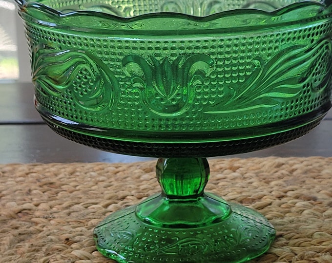 Vintage Emerald Green Glass Candy Dish Compote, Emerald Green Stippled Glass Swirls and Leaves Design, M6000, E.O Brody