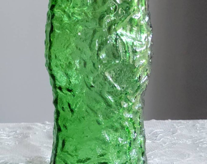 Vintage Green Glass Vase, Vintage Emerald Green EO Brody Large Crinkled Textured 9.5" Vase