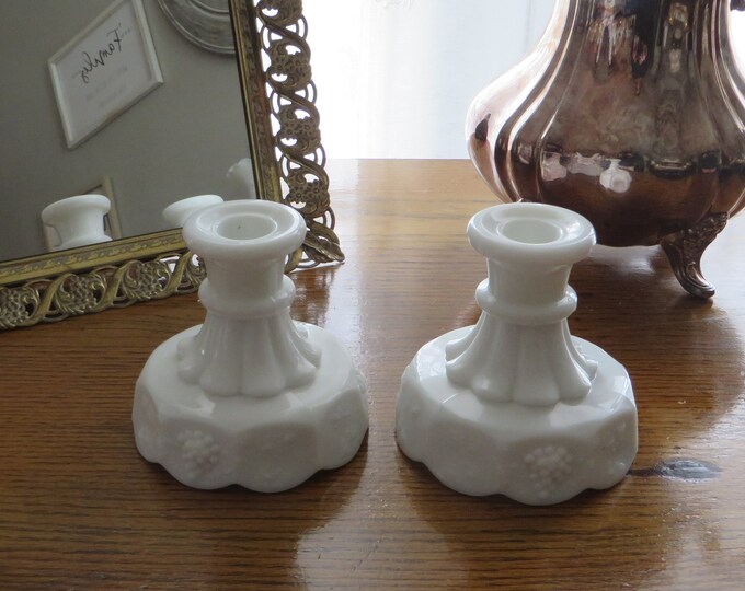 Vintage White Milk Glass Candlestick Holders Westmoreland Paneled Grape Pattern