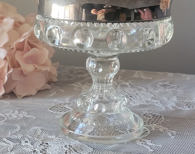 Vintage Glass Candy Dish Compote, Silver Crown by Colony, Round Pedestal Compote with Silver Band and Thumb Print