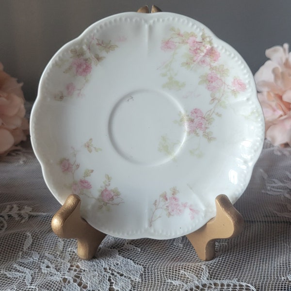 Haviland, Limoges, France Haviland & Co. Limoges Saucer Plate, Scalloped Beaded Rim, Pink Roses