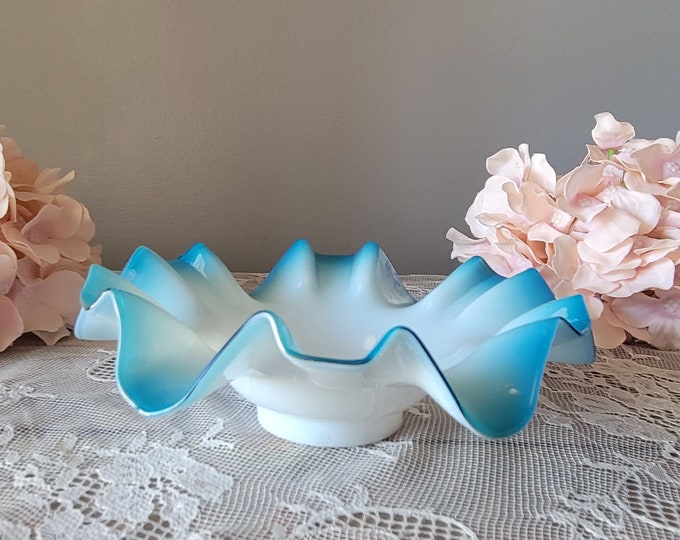 Vintage Hand Blown Glass Dish, Hand Blown White and Turquoise Milk Glass Dish, Bowl with Crimped Rim, Candleholder