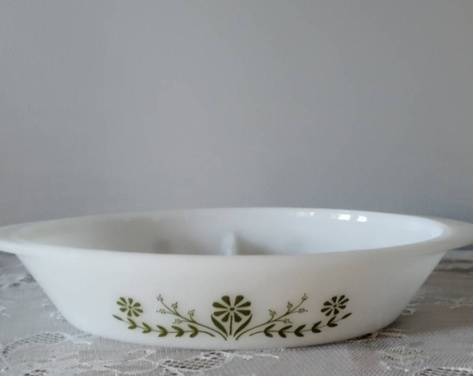 Glasbake Divided Casserole Dish, Vintage Jeannette Glasbake Oval Divided Milk Glass Casserole Dish, Green Daisies J2352