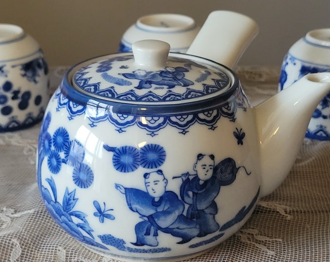 Japanese Porcelain Arita Ware Sometsuke Tea Pot, Chinese Children Chasing Butterflies, Cobalt Blue Karako