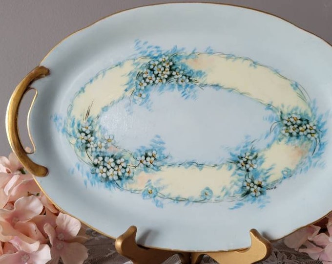 Limoges, Ceramic Platter, Hand Painted Artist Signed Handled Platter, Blue Forget Me Nots Flowers, Gold Gild Trim, France