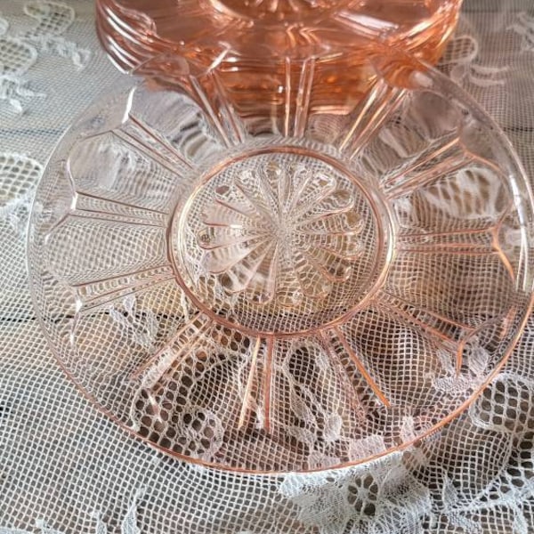 Vintage Pink Glass Plates,  Anchor Hocking Glass Pink, "Colonial, Knife & Fork" 6" Saucer/ Sherbet Plate