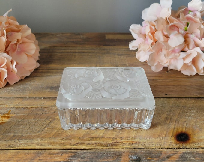 Crystal Stash Dish, Jewelry Dish, Trinket Dish, Crystal Dish With Frosted Glass Lid and Embossed Roses