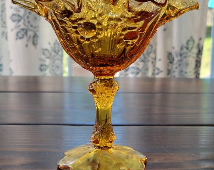 Vintage Fenton Colonial Amber Rose Glass Ruffle Compote/Candy Dish,  Fenton Rose Design Compote