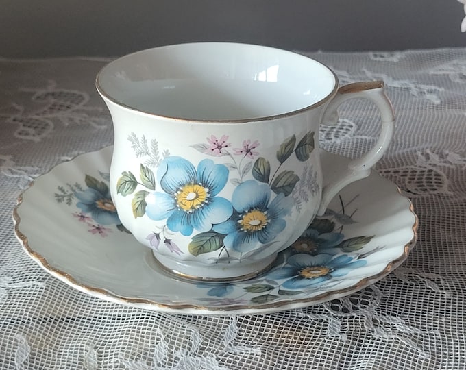 Old Foley Cup and Saucer, James Kent Staffordshire England Cup and Saucer Set, Blue Floral Pattern