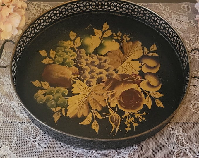 Beautiful Vintage Round Handled Tole Tray, Signed Pilgrim Art Tray, Fruit & Floral