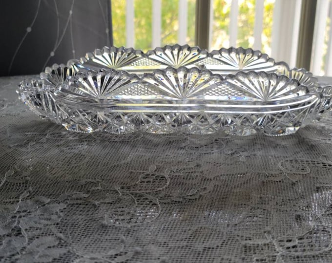 Vintage Glass Relish Dish Serving Dish, Vintage Glass Rectangular/Banana Boat Pressed Glass Dish Sawtooth Edge, Diamond, Fan Shaped Rim