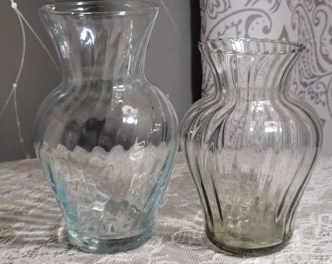 Vintage Blown Glass Vases, Small Champagne and Baby Blue Optic Swirl Ribbed Blown Glass Vases