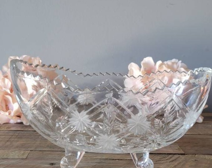 Vintage German Lead Crystal Bowl, Vintage German Lead Crystal Anna Hutte Bleikristall Fruit Bowl, Etched Flowers, Sawtooth Rim
