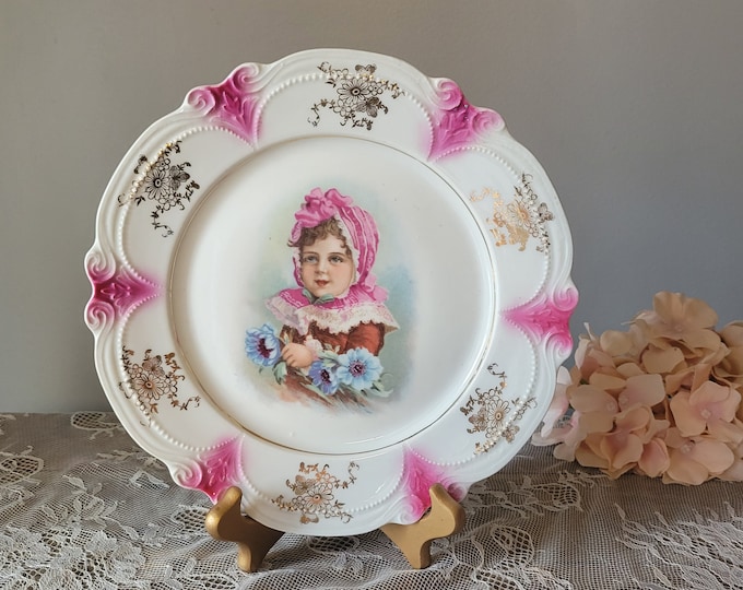 Antique Portrait Porcelain Plate, Late 1800s- Early 1900's French Porcelain Portrait of a Child, Scalloped and Gold Gilding Accents