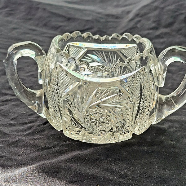 Antique CutGlass Sugar Bowl, ABP 2 Handled Sugar Bowl with Buzz/Pinwheel, Hobstar, Diamond and Sawtooth Rim