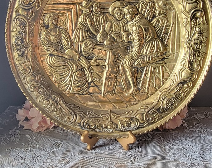 Wall Hanging, Brass Wall Decor, Vintage Made in England Brass Repousse Large Wall Hanging, 16" Round Brass Hanging Tavern Scene