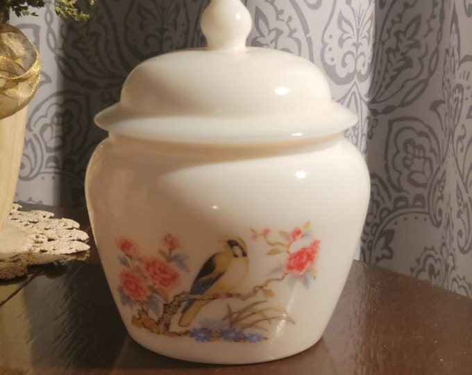 AVON Vintage Milk Glass Ginger Jar, Painted Bird and Flowers
