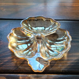 Carnival Glass Dish, Glass Divided Dish, Vintage Carnival Glass Peach Luster 3 leaf Clover Divided Dish