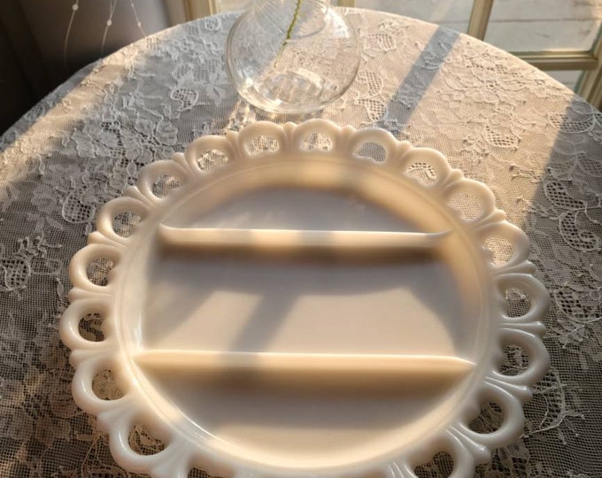 Vintage White Milk Glass Tray, Serving Platter, Divided Tray, Vintage Anchor Hocking Reticulated Lace Edge White Milk Glass Round