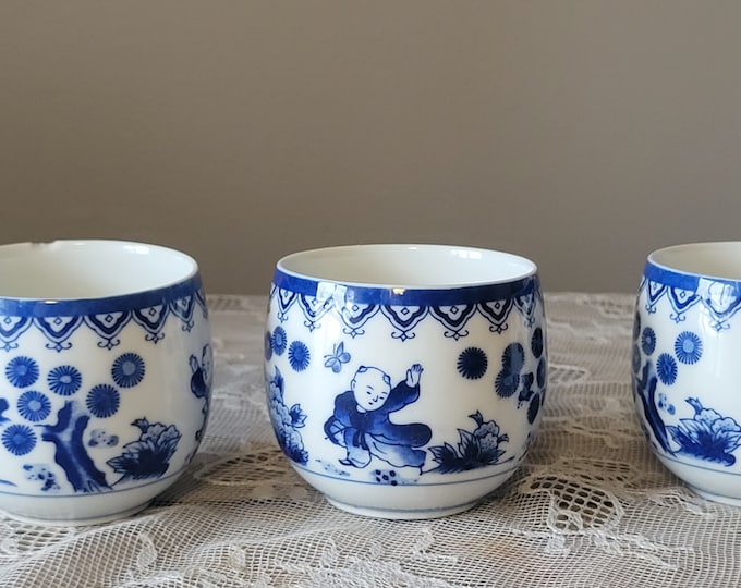 Japanese Porcelain Arita Ware Sometsuke Set of 3 Tea Cups/Sake Cups, Chinese Children Chasing Butterflies, Cobalt Blue Karako