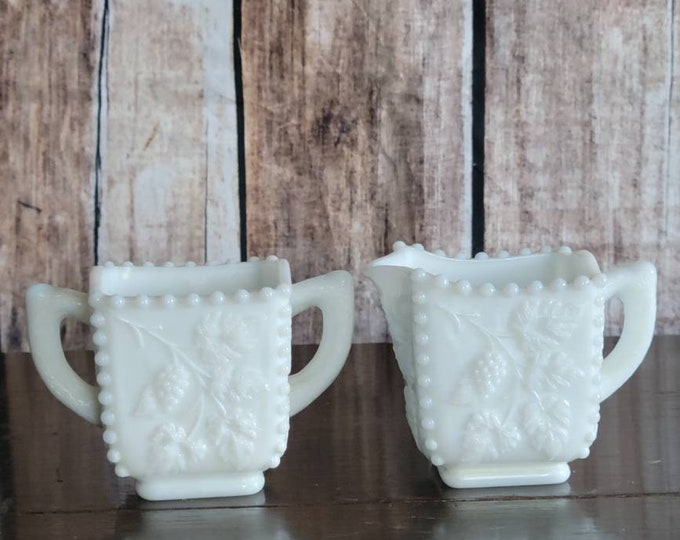 Vintage Milk Glass Cream Pitcher and Sugar Bowl, Vintage Westmoreland Paneled Grape Open Sugar and Creamer Set