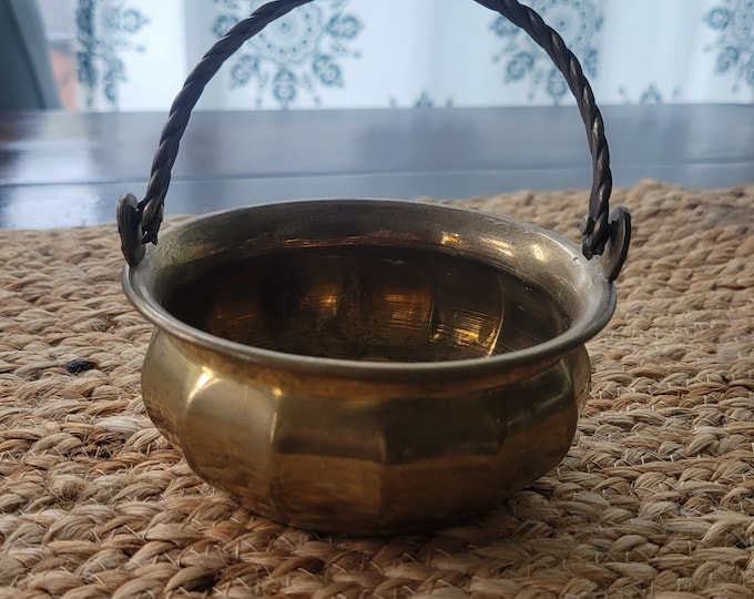 Vintage Brass Basket, India Brass Swing Handle Basket