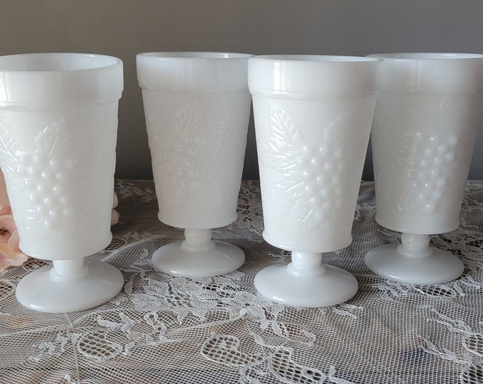Vintage Milk Glass Tumblers, Vintage Anchor Hocking White Milk Glass Footed Tumblers, Harvest Grape Pattern, Set of 4