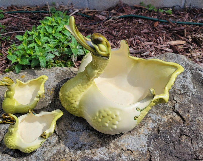 Vintage Ceramic Planter, Hull Pottery #69 Green and Chartreuse Large Swan Planter and 2 Small Cygnets Planters