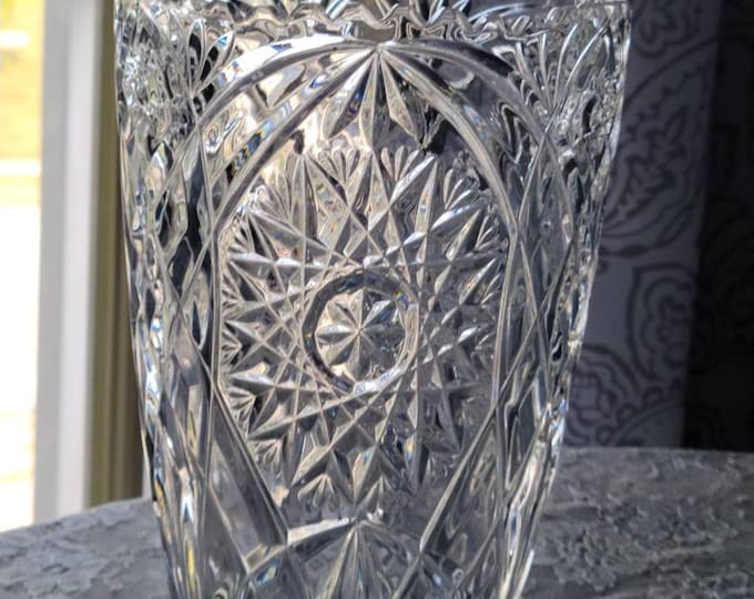 Vintage Lead Crystal Vase, Vintage 1950's Bohemian Czech Lead Crystal Vase Star Design, Sawtooth
