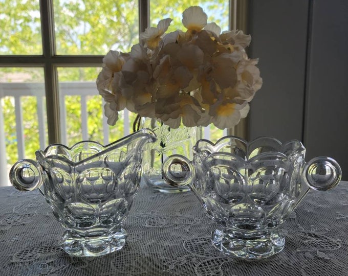 Cream and Sugar Set, Vintage Glass Creamer and Sugar Bowl, Heisey Glass "Whirlpool" Pattern Cream Pitcher & Sugar Bowl Set