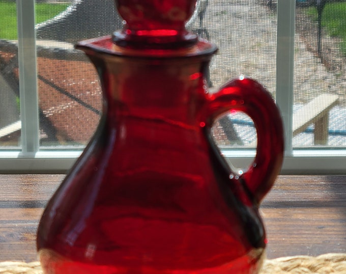 AVON Vintage Red Glass Cruet, Vintage AVON Ruby Red Glass Cruet with Strawberry Stopper