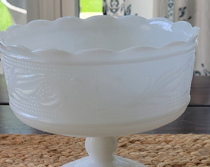 Vintage Milk Glass Candy Dish Compote, White Milk Glass Stippled Glass Swirls and Leaves Design, E.O Brody