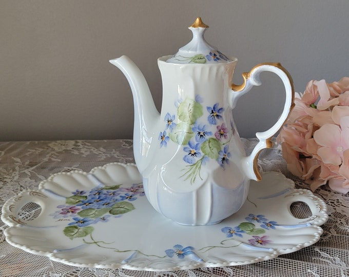 Vintage Hand Painted Porcelain Teapot and Tea Plate, Artist Signed Hand Painted Porcelain Teapot & Plate, Periwinkle Pansies, Gold Gilding
