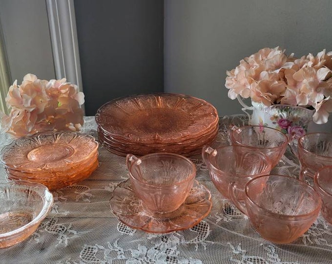 Vintage Pink Cherry Blossom Glassware, Vintage Jeannette Glass  Pink Cherry Blossom, Dinner Plates, Cups and Saucers, Berry Bowl