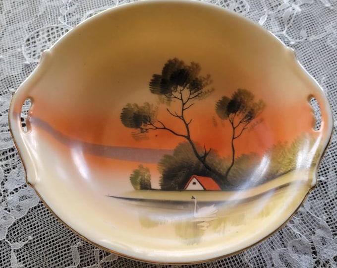 Noritake Bowl, Vintage Ceramic Art Deco Bowl, Japanese Noritake Handpainted Shallow Bowl, Sunset Lakeside Scene