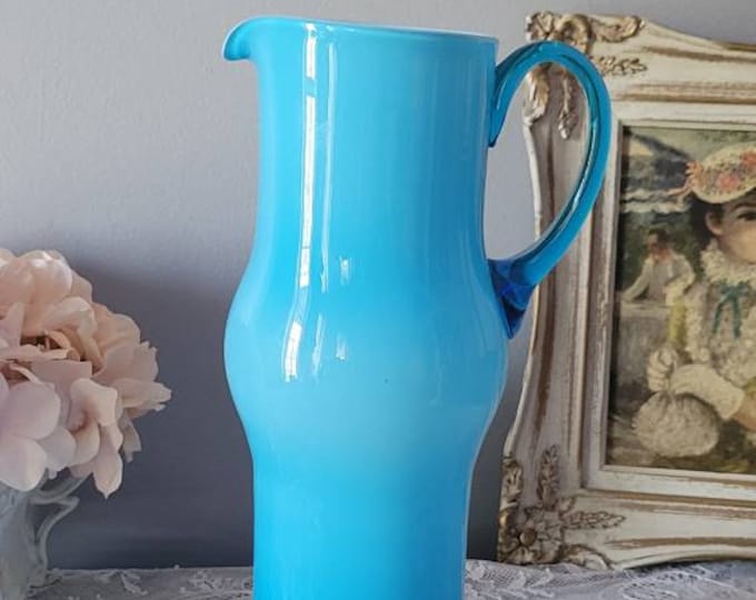 Glass Pitcher, Balboa Blown Glass Pitcher, Mid Century Italian Azure Blue Cased Over White Blown Glass Pitcher With Applied Blue Handle