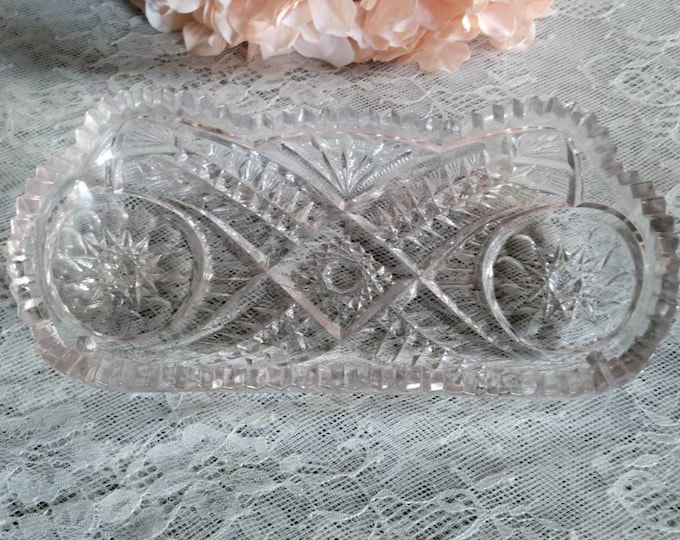 Vintage Glass Relish Dish, Pattern Glass, EAPG Oval Sawtooth Relish Dish, Candy Dish, Hobstar