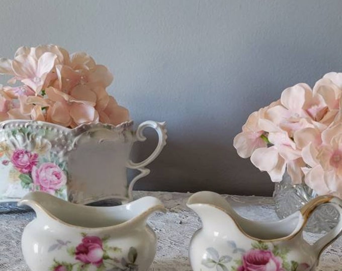 Creamer and Sugar Set, Lefton Vintage Hand Painted Elegant Rose Mini Creamer and Mini Open Sugar Bowl Set, Pink &  Roses and Gold Trim