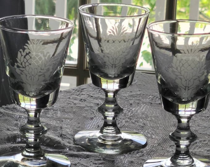 Wine Glasses, Vintage 1970's Pfaltzgraff 4oz Wine Glass, "Heritage" Etched Pineapple, Set of 3.