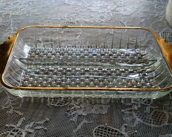 Vintage Glass Relish Dish Divided Dish, Vintage Bubble Glass DIvided Relish /Serving Tray With Gold Trim & Gold Scroll Handles