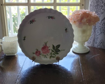 Vintage Pie Plate, Ceramic Baking Dish, Christineholm Porcelain Baking Dish Pie Pan Beveled Pink Rose